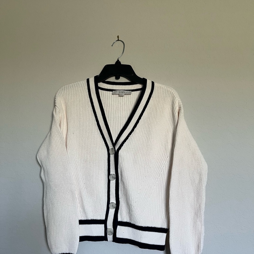 LOFT White Cardigan with Black Accents